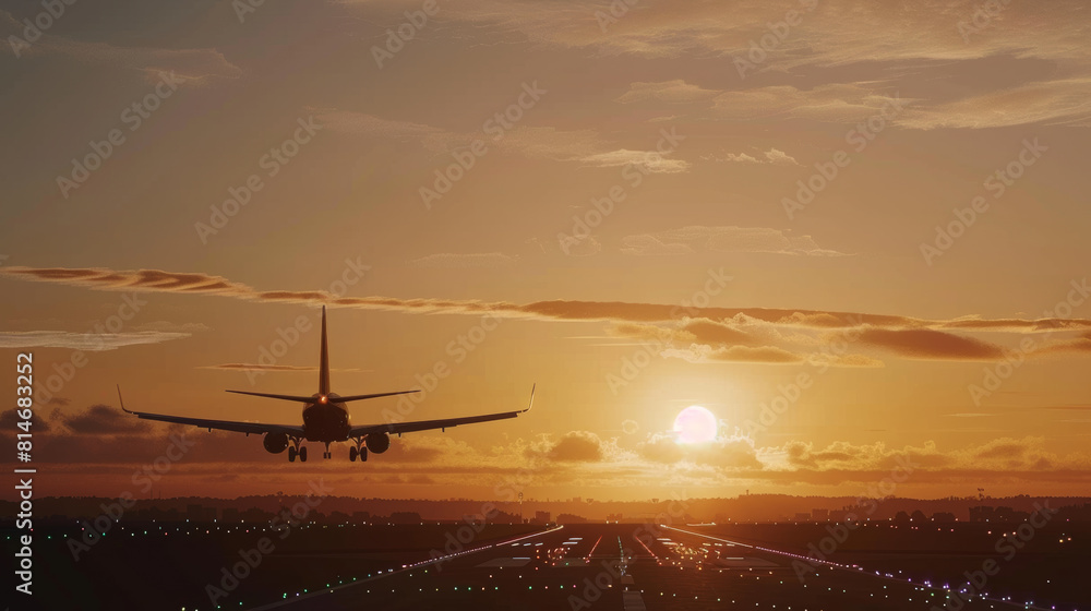 An airplane descends towards the runway against a breathtaking sunset, signaling journeys end. An airplane descends towards the runway against a breathtaking sunset, signaling journeys end.