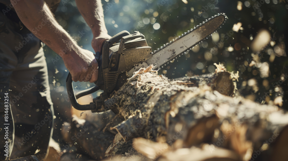 Obraz premium Sunlight filters through as a person saws through a log with a chainsaw.