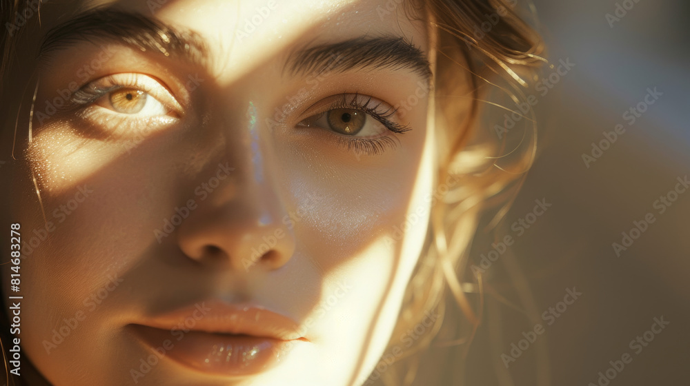 Sunrays dance across a woman's face highlighting her delicate features. Sunrays dance across a woman's face highlighting her delicate features.