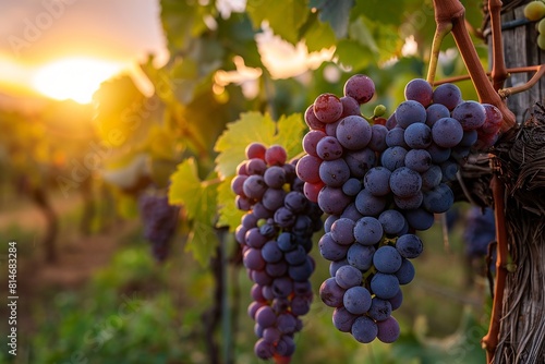 Large bunches of wine grapes hang from an vine in warm afternoon light