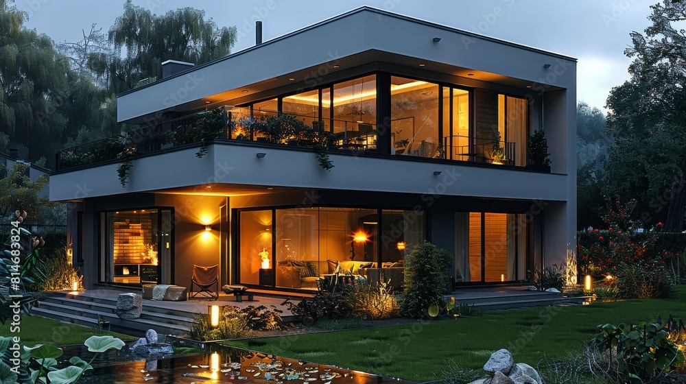 Obraz premium Courtyard, there are lights on the wall at the corner of the house illuminating the yard, the house is in side view, modern architecture. Generative AI.