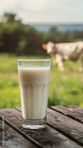 A glass of milk, a popular dairy drink, is placed on a wooden table with a cow in the background. Other milk based beverages include Ayran, Rice milk, Chaas, Kefir, Cream liqueur, and Soy milk