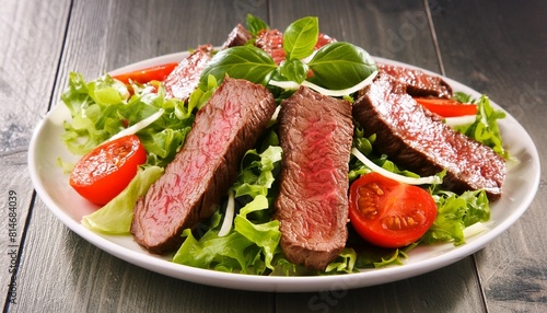 a plate of steak salad with lettuce and tomatoes ai generated