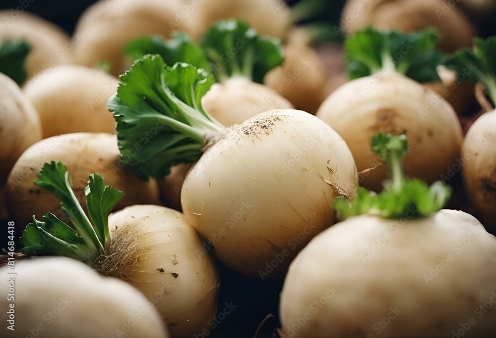 AI generated illustration of fresh white radishes with vibrant green stems and leaves AI generated illustration of fresh white radishes with vibrant green stems and leaves