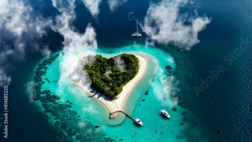 Aerial view of heart shaped island. Seamless looping time-lapse 4k video animation background photo
