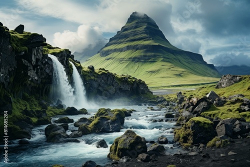 Discover the untouched wilderness of a majestic mountain waterfall scenery in iceland. With dramatic rocky formations. Vibrant greenery. And serene water flowing through a remote and iconic landscape