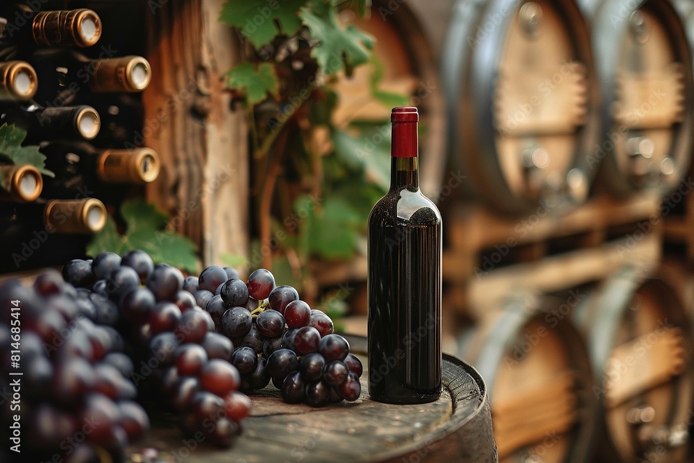 Obraz premium A bottle of red wine of wine stand on a wooden barrel, against the backdrop of oak barrels.