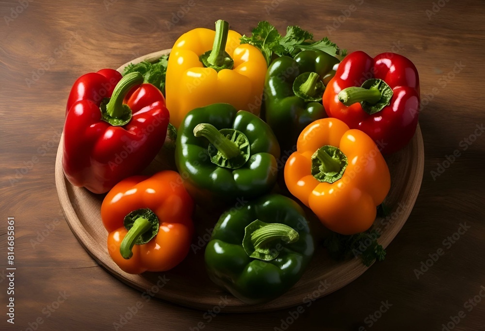 AI generated illustration of fresh vegetables on wooden plate atop table AI generated illustration of fresh vegetables on wooden plate atop table