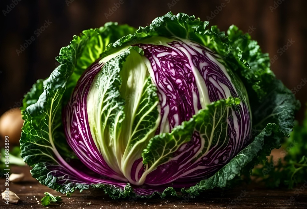 Obraz premium AI generated illustration of fresh green and purple cabbage with mushrooms and parsley