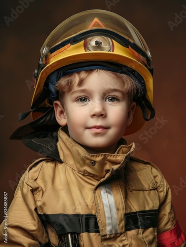 Portrait A Cute little firefighter with tools color backgroun