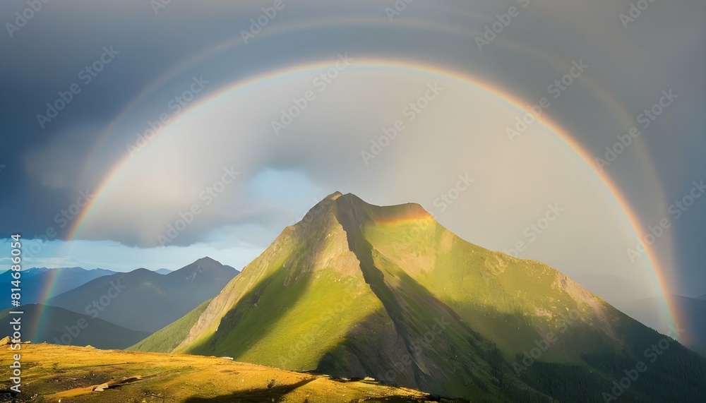 A mountain scene with a rainbow arching over the s upscaled_2