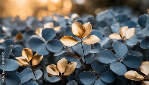 beautiful minimalistic plant nature wallpaper background of blue grey and gold dainty flowers and leaves generative ai