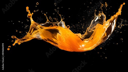 A dynamic orange soft drink splash, captured in midair set against a black background