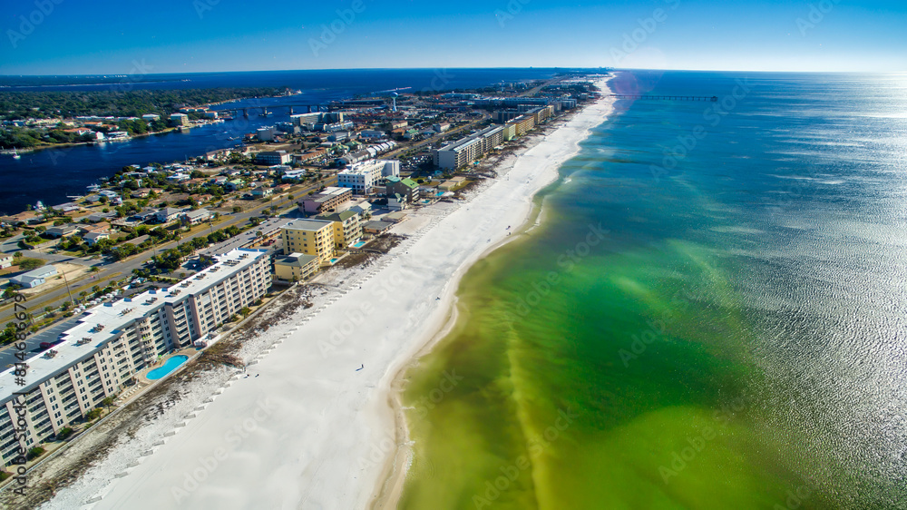 Fort Walton, Florida - Panoramic aerial view of cityscape and beach