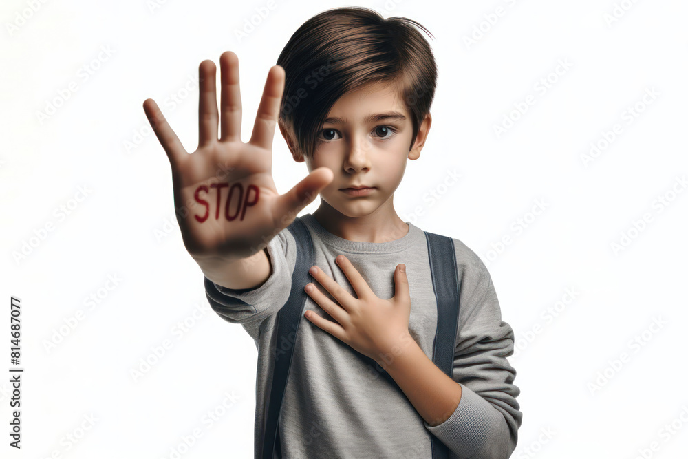 kid with her hand outstretched as a sign of stop against violence Isolated on white background kid with her hand outstretched as a sign of stop against violence Isolated on white background