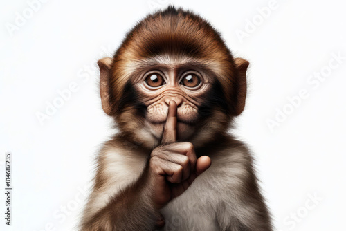 Monkey gesturing asking for silence isolated on white background © Anna