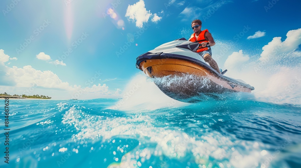 A young man enjoys a thrilling ride on a jet ski in the picturesque waters of a tropical ocean, creating an idyllic vacation memory.