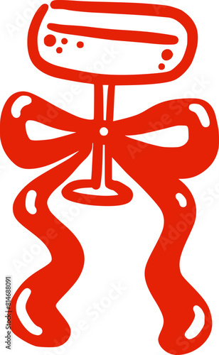 Cocktail or champagne glass with bow in a whimsical hand-drawn style. Isolated illustration in red color. Alcoholic drinks. Suitable for wedding invitations, posters, banners