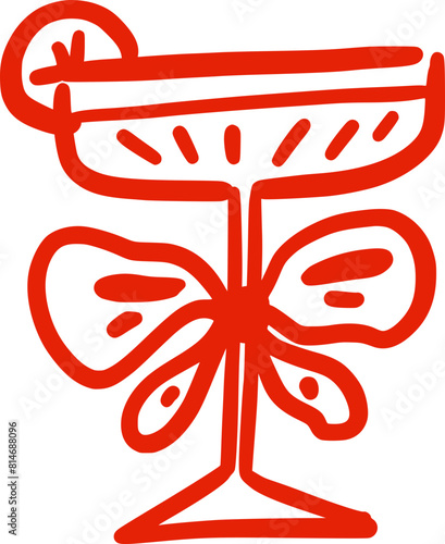 Cocktail glass with bow in a whimsical hand-drawn style. Isolated illustration in red color. Alcoholic drinks. Suitable for wedding invitations, posters, banners