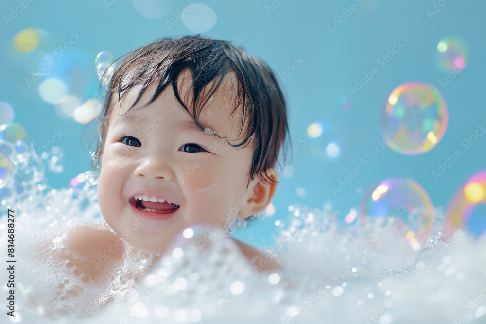 Adorable young child with wet hair is smiling cheerfully while surrounded by shimmering soap bubbles and white foam Adorable young child with wet hair is smiling cheerfully while surrounded by shimmering soap bubbles and white foam