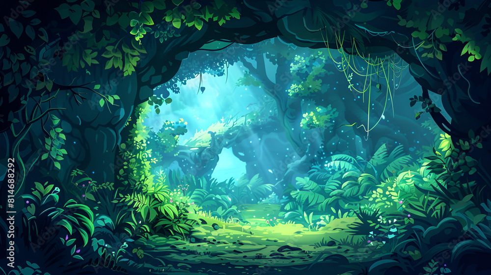 Magic forest landscape and fantasy tree cave view cartoon background. Dark nature environment scene in jungle wood garden with dense plant and vine. Mystery fairytale scenery for wild adventure