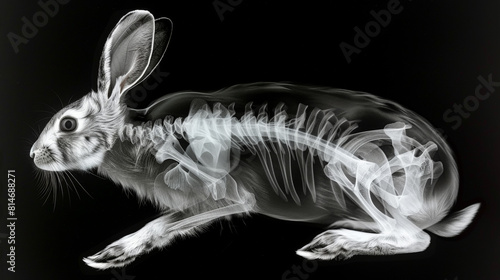 A rabbit is depicted with a surreal twist, as its body contains a visible skeleton structure. This unusual fusion of animal and anatomy creates a captivating and thought-provoking image.