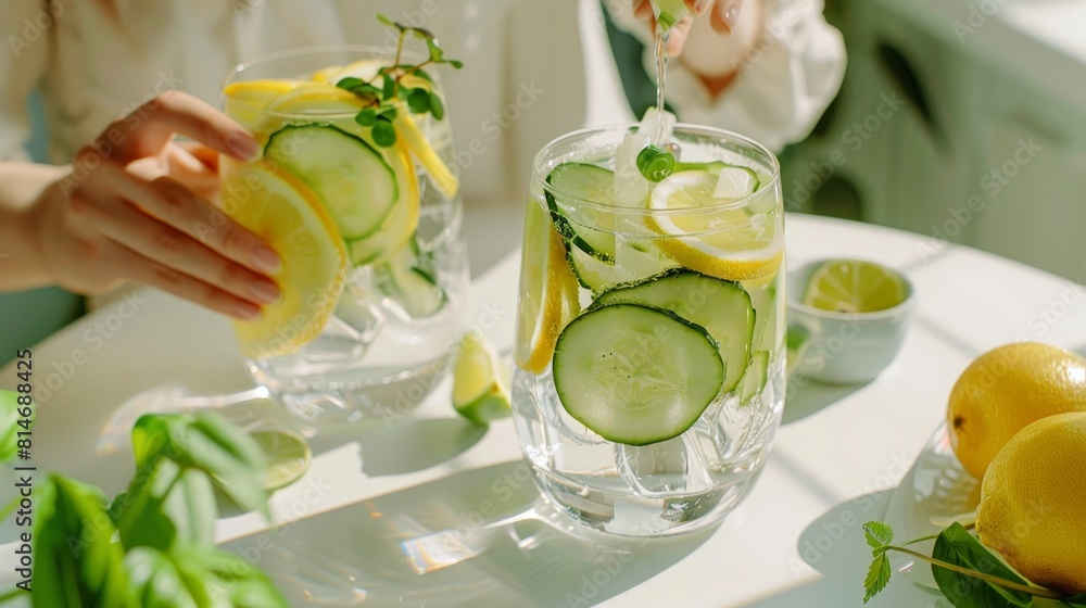 A woman is preparing and setting up a glass of detoxifying, healthful water with cucumber and lemon on a white table. --ar 16:9 Job ID: 1148f71f-6754-4e0b-8209-c7f5f6f401de A woman is preparing and setting up a glass of detoxifying, healthful water with cucumber and lemon on a white table. --ar 16:9 Job ID: 1148f71f-6754-4e0b-8209-c7f5f6f401de