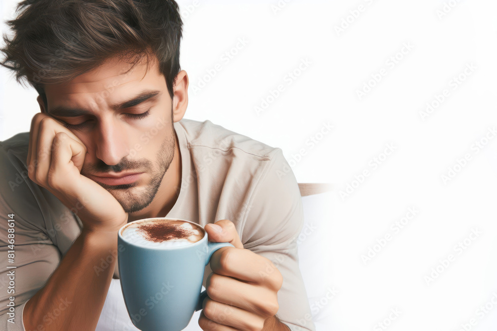 man feeling exhausted half asleep while drinking a hot drink in mug to wake up. Sleepy while holding cup of hot coffee man feeling exhausted half asleep while drinking a hot drink in mug to wake up. Sleepy while holding cup of hot coffee