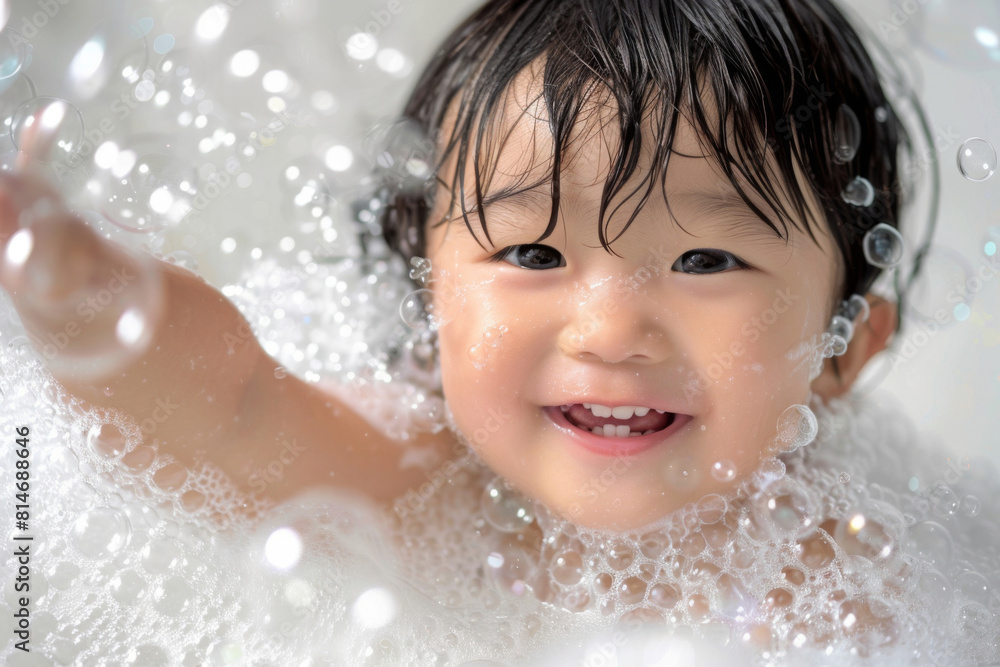 Adorable young child surrounded by shimmering soap bubbles, expressing delight and happiness during bathtime, creating a cheerful and innocent scene, children skincare Adorable young child surrounded by shimmering soap bubbles, expressing delight and happiness during bathtime, creating a cheerful and innocent scene, children skincare