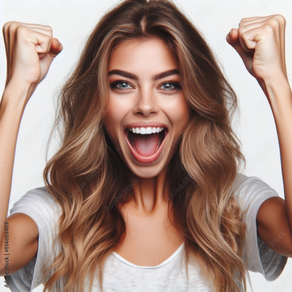woman with fists raised in triumph, mouth wide open, isolated white background woman with fists raised in triumph, mouth wide open, isolated white background