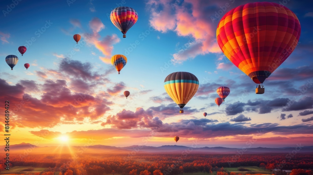 Fototapeta premium Hot air balloons floating in the sky at sunset.