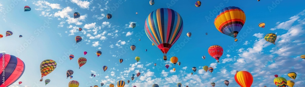Fototapeta premium Hot air balloons of different colors flying in the blue sky.