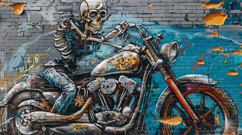 A punkthemed mural depicting a skeleton riding a motorcycle, spraypainted on an urban brick wall