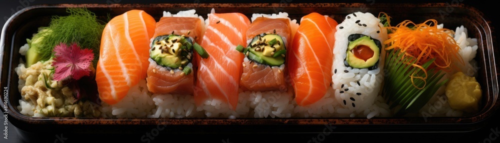 A variety of sushi, including nigiri and maki rolls. The sushi is arranged on a black plate and garnished with sliced radishes and parsley. A variety of sushi, including nigiri and maki rolls. The sushi is arranged on a black plate and garnished with sliced radishes and parsley.