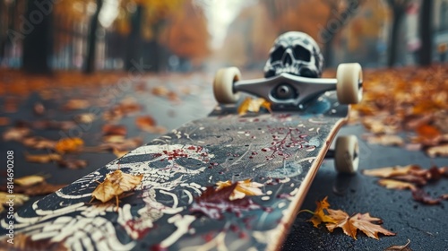 A punkthemed skateboard deck with artwork of dancing skeletons and broken guitars