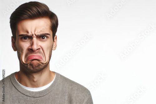 Funny man with a disgusted expression frown, in clean white background photo