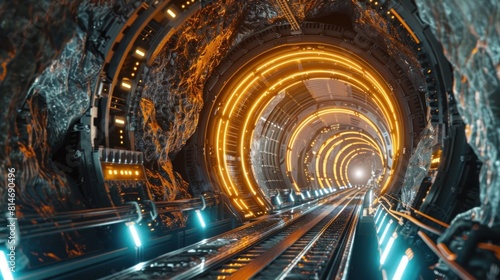 Futuristic Blockchain Powered Gold Mine Tunnel Showcasing Innovative Infrastructure and Technology