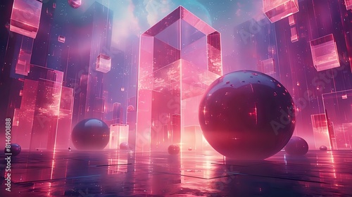 Luminous Cubic Dance: Floating Spheres and Cubes in Surreal Abstraction photo