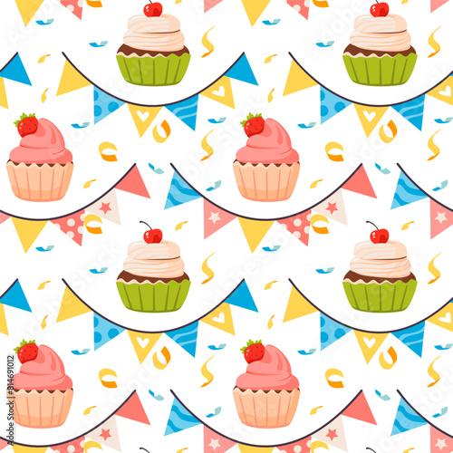 Seamless pattern with different cupcakes on a white background. Sweet pastries decorated with hearts, cherry, flower and star.