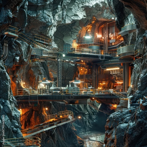 Futuristic Subterranean Gold Mine with Advanced Materials and Equipment
