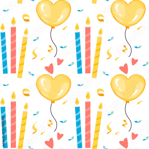 Heart balloons Seamless Pattern. Air balloons for Birthday parties, celebrate anniversary, weddings festive season decorations. Helium vector balloon illustration.