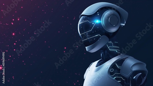 artificial intelligence futuristic robot with intricate tech design against dark background speckled glowing particles copy space