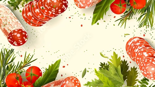 A banner with a light background with illustrations of pieces of sausage salami and red tomatoes photo
