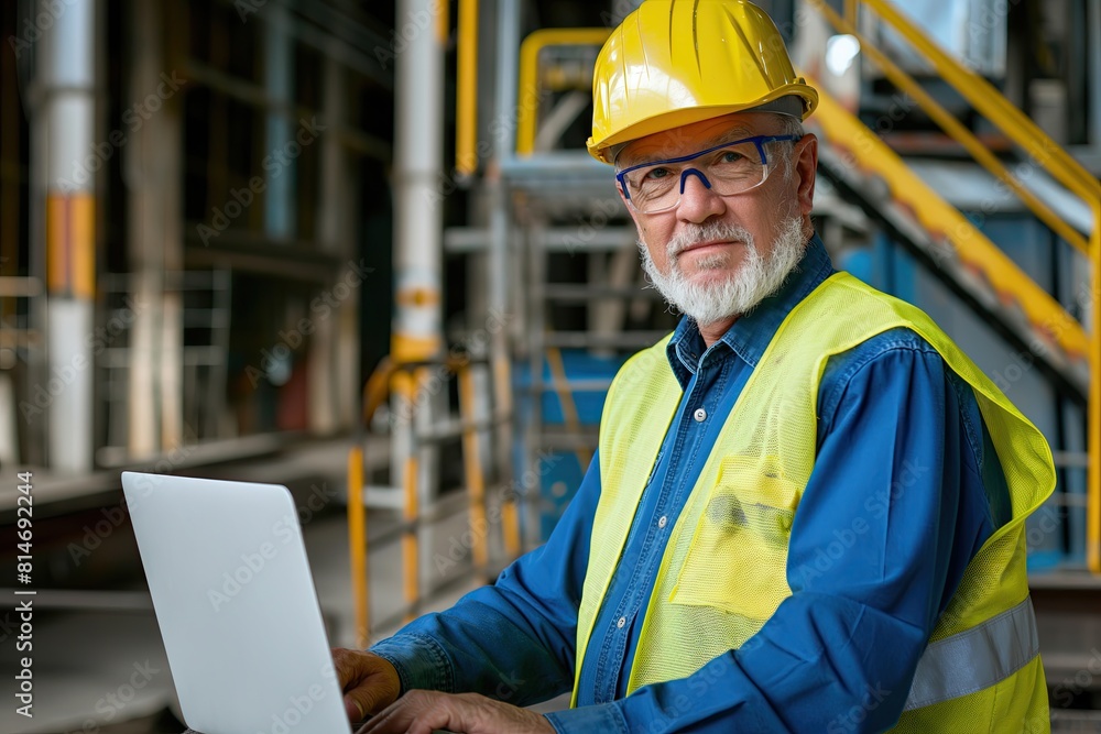 Experienced Engineer Using Computer at Construction Site Experienced Engineer Using Computer at Construction Site