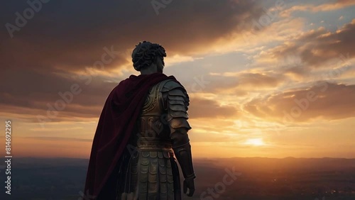 Majestic Marcus Aurelius Standing Steadily Against a Beautiful Sunset Landscape - Hyper Realistic photo