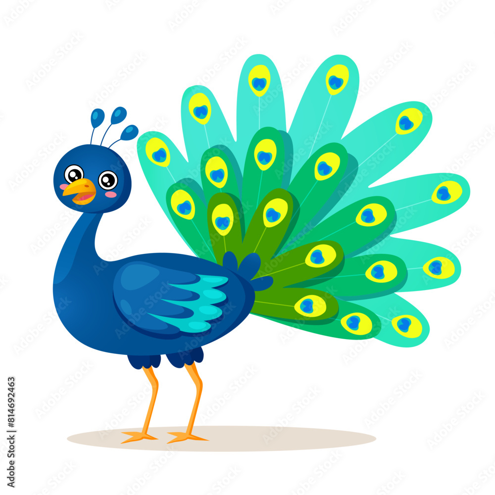 Fototapeta premium Cute peacock bird cartoon character with beautiful feathers tail isolated on white background.