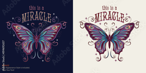 Mysterious label with fantasy colored butterfly with curled antennae, stretched wings, text. Art Nouveau style. Vintage style. Editable text graphic style is included.