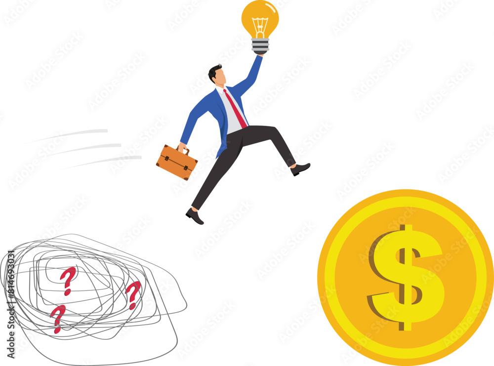 Get new business idea or opportunity, intelligence or wisdom to drive career success, creativity or brilliant idea for business success, smart businessman jump while holding light bulb idea Get new business idea or opportunity, intelligence or wisdom to drive career success, creativity or brilliant idea for business success, smart businessman jump while holding light bulb idea