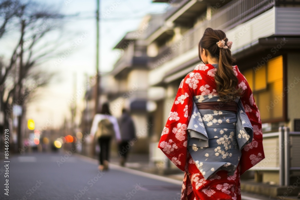 Woman adorned in a vibrant red kimono with intricate patterns walks through an urban setting at dusk Woman adorned in a vibrant red kimono with intricate patterns walks through an urban setting at dusk