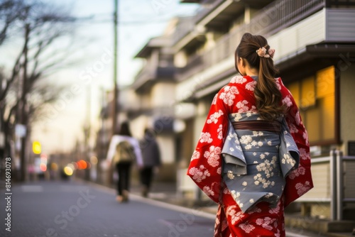 Woman adorned in a vibrant red kimono with intricate patterns walks through an urban setting at dusk